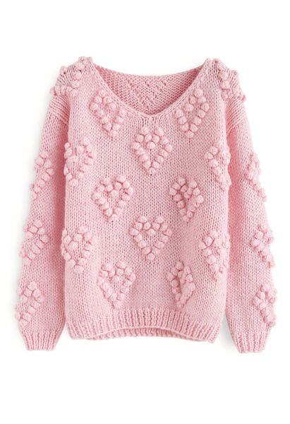 Pull tricoté col en V couleur rose