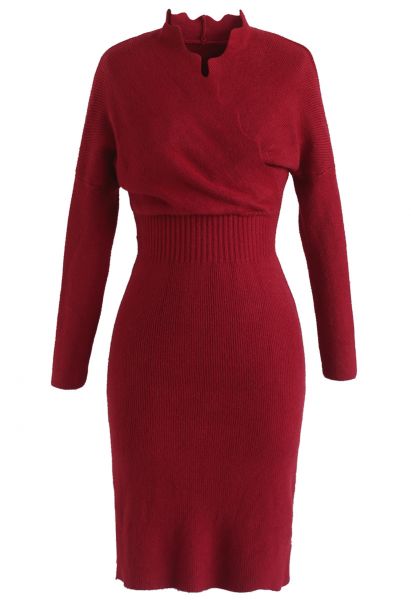 L'heure du café Wavy Wrap Knit Dress in Red