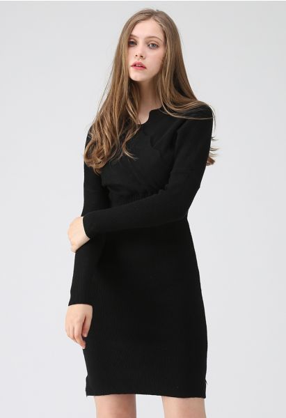 L'heure du café Wavy Wrap Knit Dress in Black