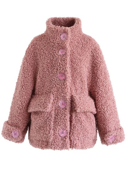 Manteau en peluche avec poche boutonnée en mauve