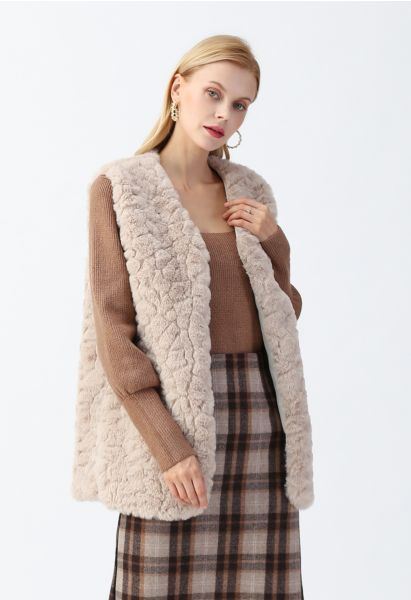 Gilet mi-long en fausse fourrure en sable