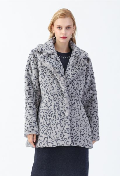 Manteau en fausse fourrure léopard à col en gris