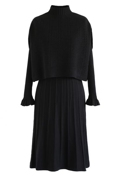 Robe Twinset en Tricot Plissée à Col Montant en Noir