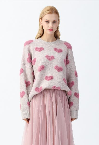 Pull en Tricot Fuzzy Hearts de Couleur Contrastée