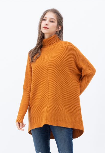 Chic sans effort Pull Col Roulé Manches Chauve-Souris Salut-Lo en Caramel