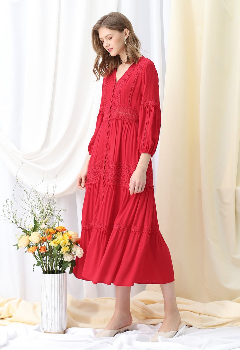 Robe Maxi Bohème Brodée au Crocheter Boutonnée en Rouge