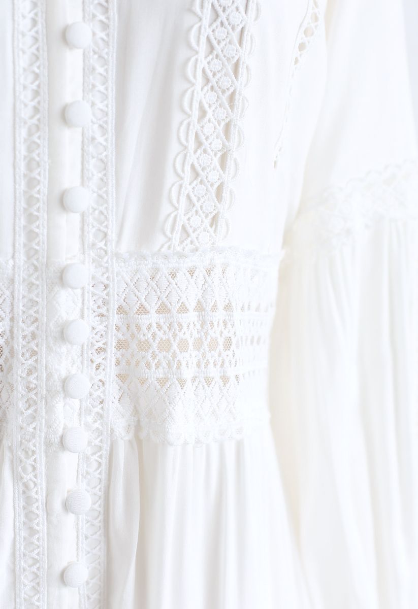 Robe Maxi Bohème Brodée au Crocheter Boutonnée en Blanc