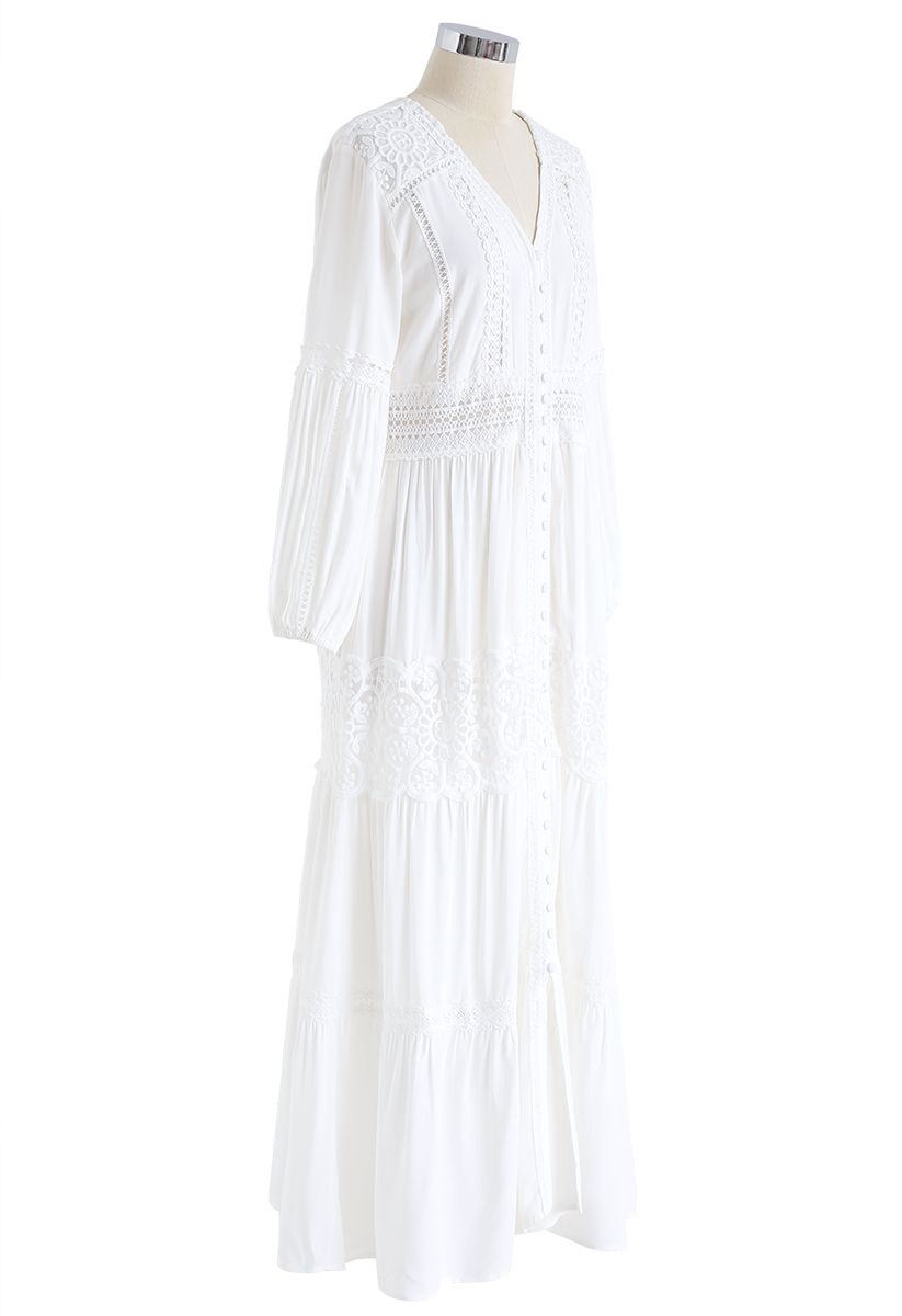 Robe Maxi Bohème Brodée au Crocheter Boutonnée en Blanc