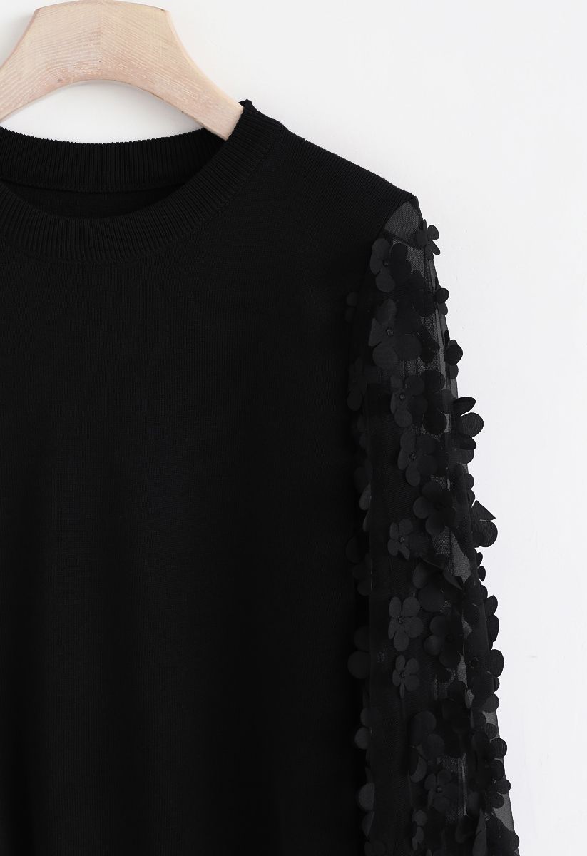 Haut en tricot à manches en maille fleurie 3D en noir