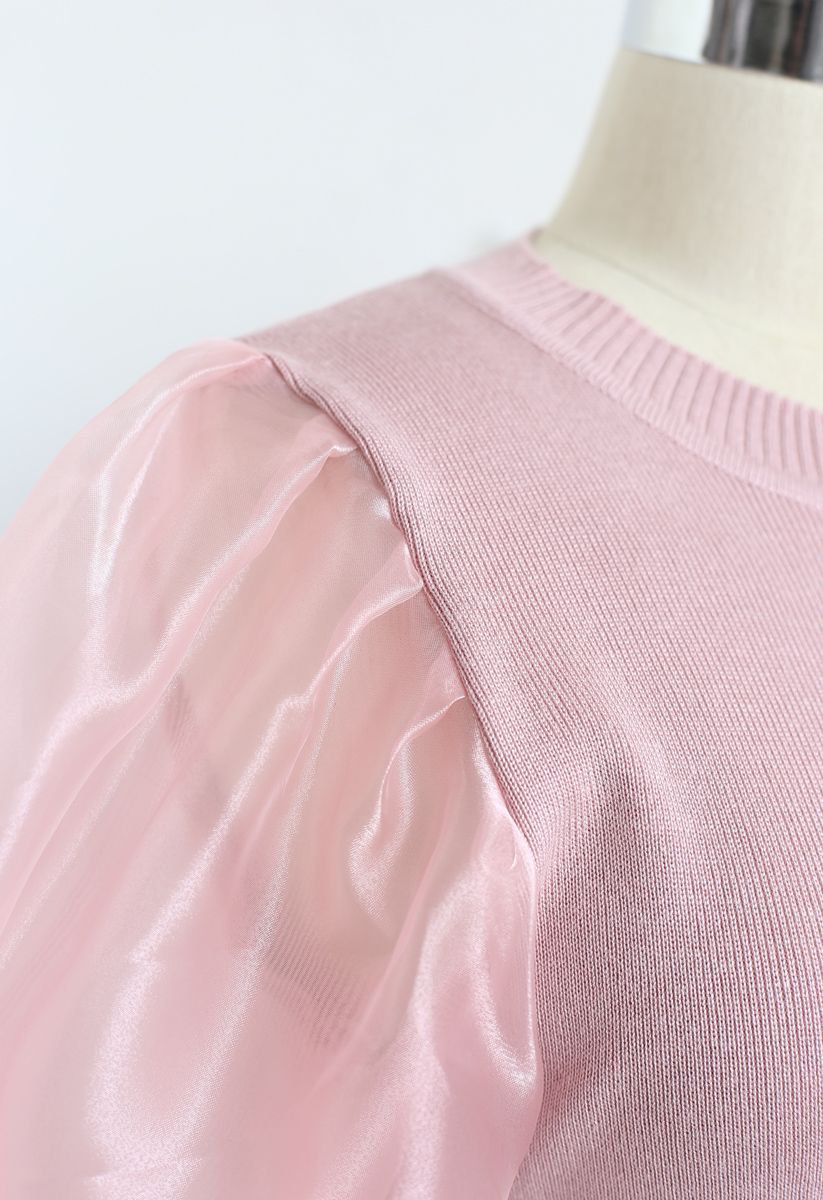 Haut en tricot à manches boules en organza rose