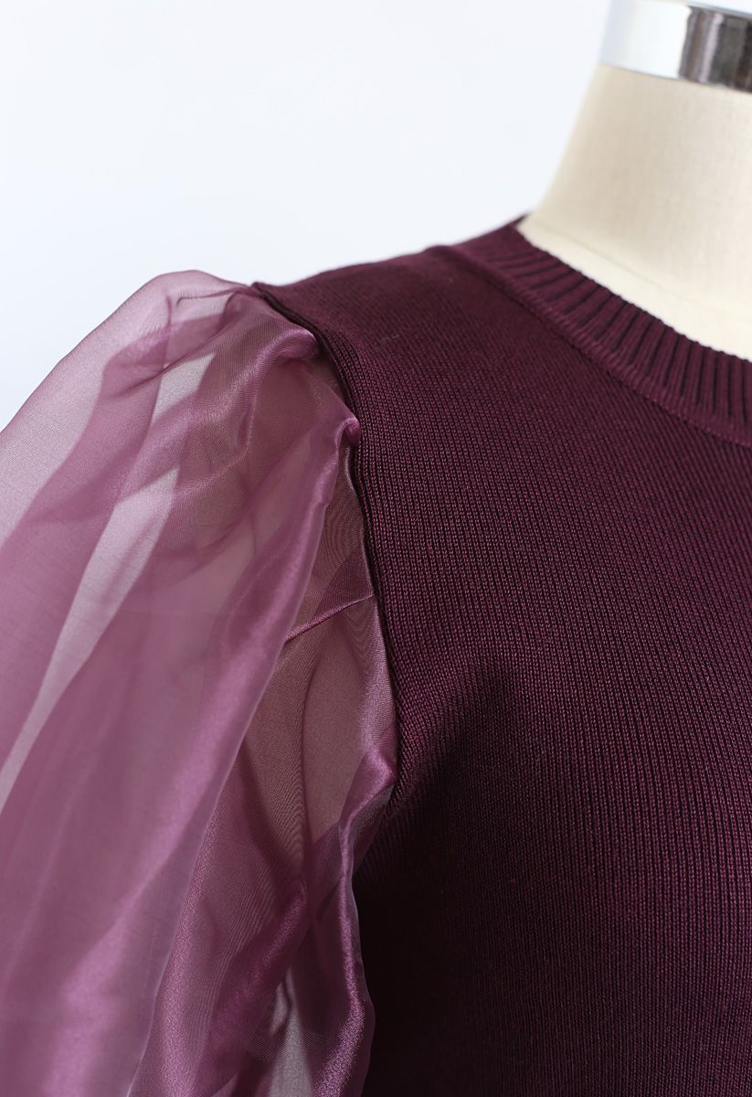 Haut en Tricot à Manches Bulles en Organza Bordeaux