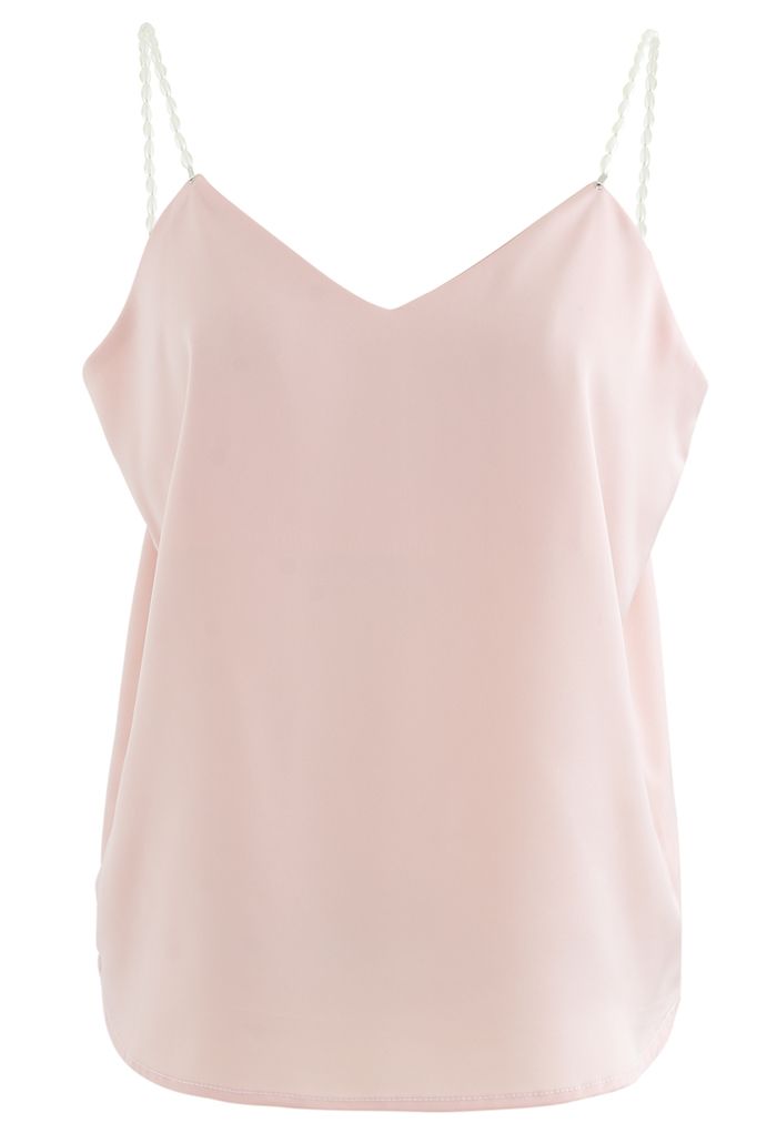 Débardeur camisole en satin à bretelles perlées en rose