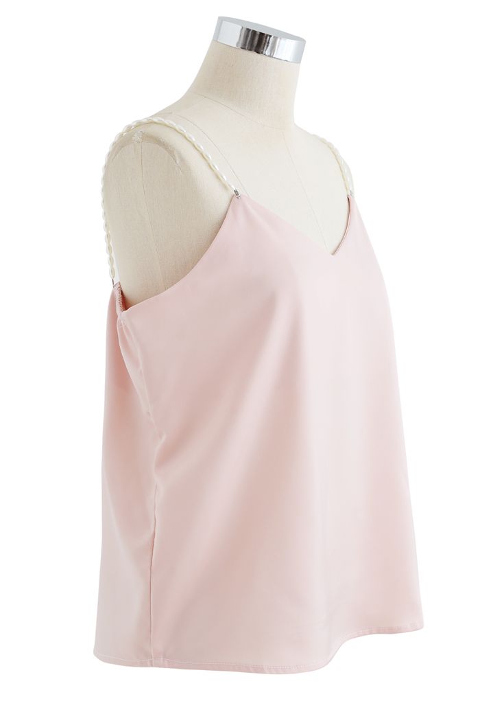 Débardeur camisole en satin à bretelles perlées en rose