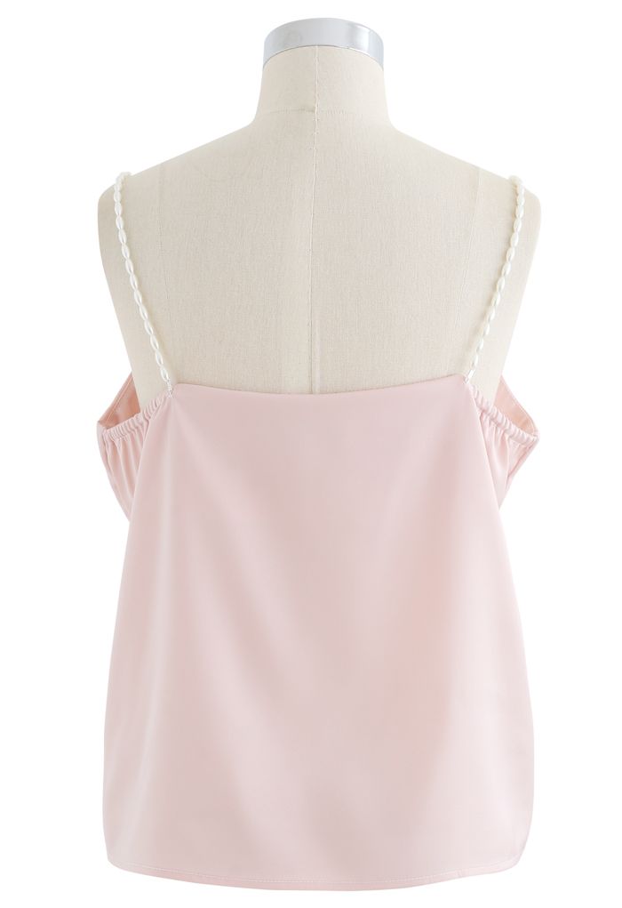 Débardeur camisole en satin à bretelles perlées en rose