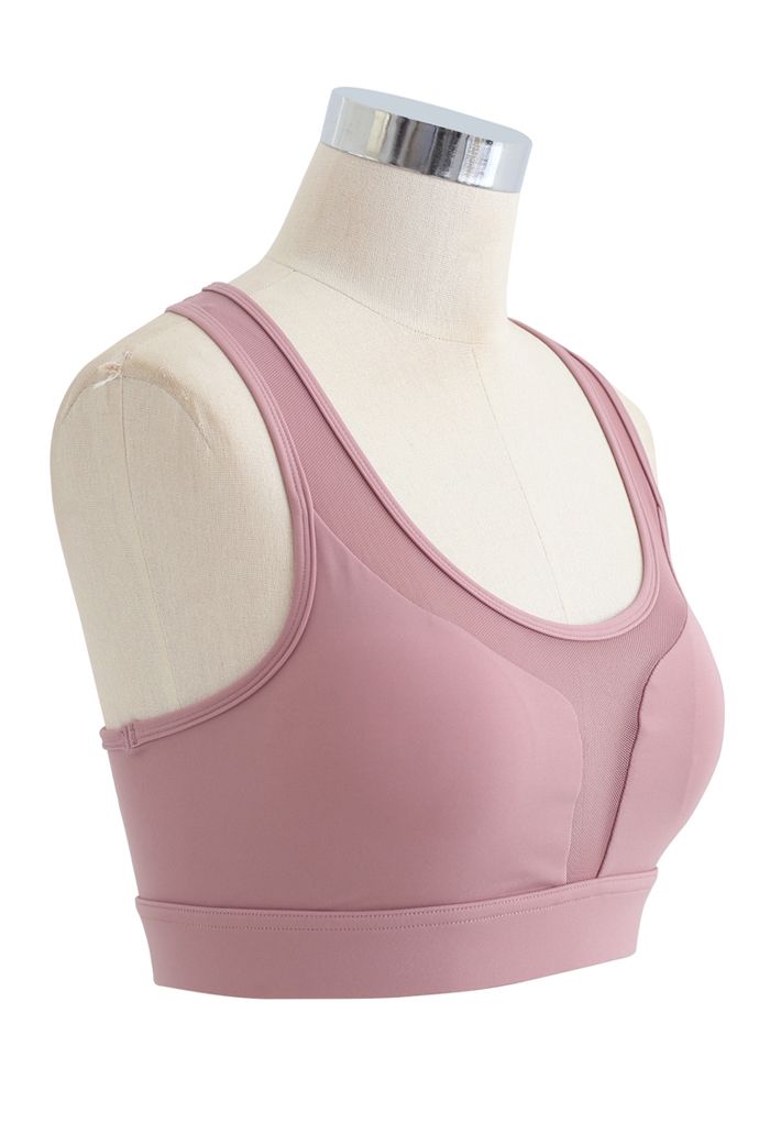 Soutien-gorge de sport à faible impact avec empiècement en maille et poche arrière en forme de I en vieux rose