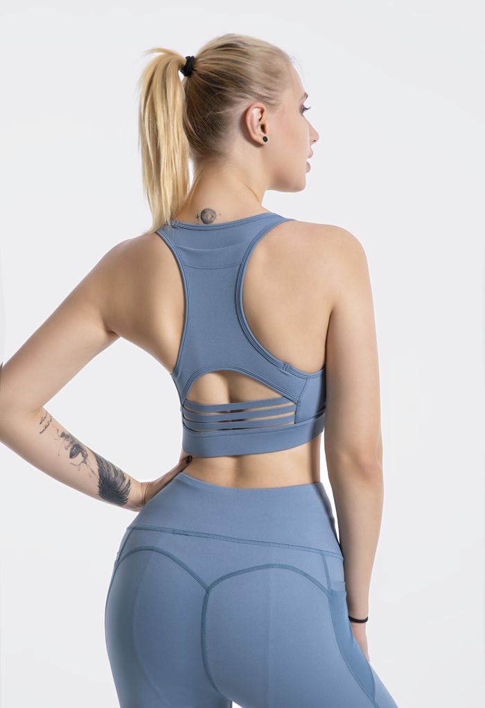 Soutien-gorge de sport à faible impact avec poche arrière en forme de I en bleu