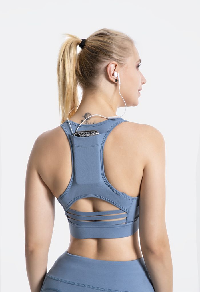 Soutien-gorge de sport à faible impact avec poche arrière en forme de I en bleu