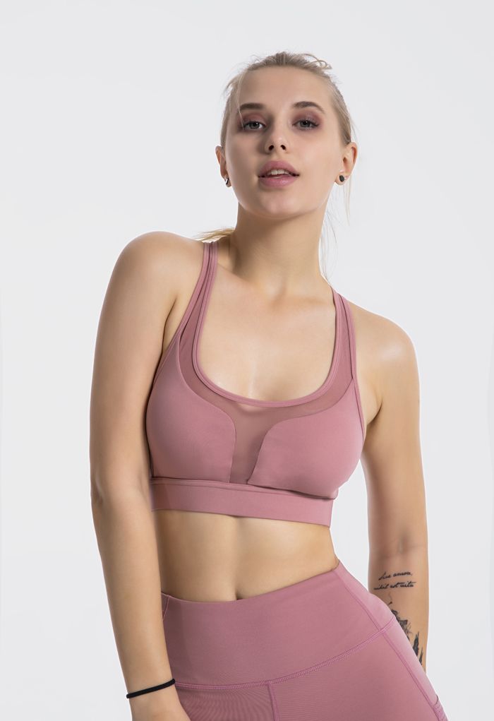 Soutien-gorge de sport à faible impact avec empiècement en maille et poche arrière en forme de I en vieux rose