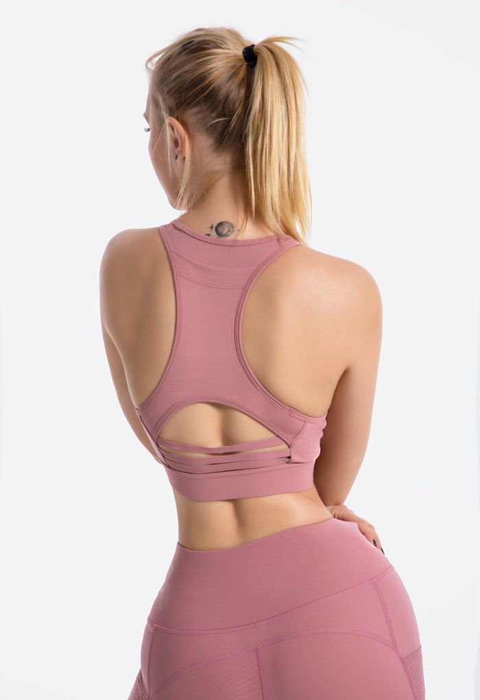 Soutien-gorge de sport à faible impact avec empiècement en maille et poche arrière en forme de I en vieux rose