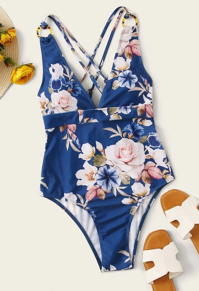 Maillot de bain une pièce fleuri à bretelles croisées dans le dos