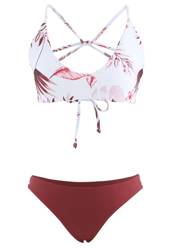 Ensemble de bikini à dos ouvert et imprimé feuilles en bordeaux