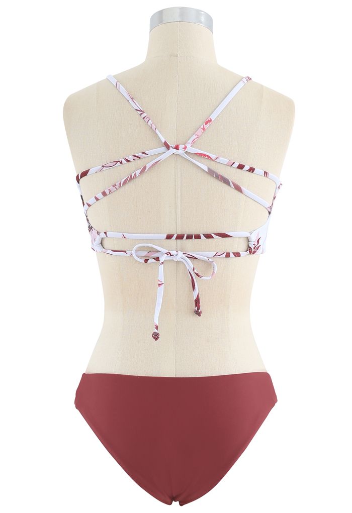 Ensemble de bikini à dos ouvert et imprimé feuilles en bordeaux