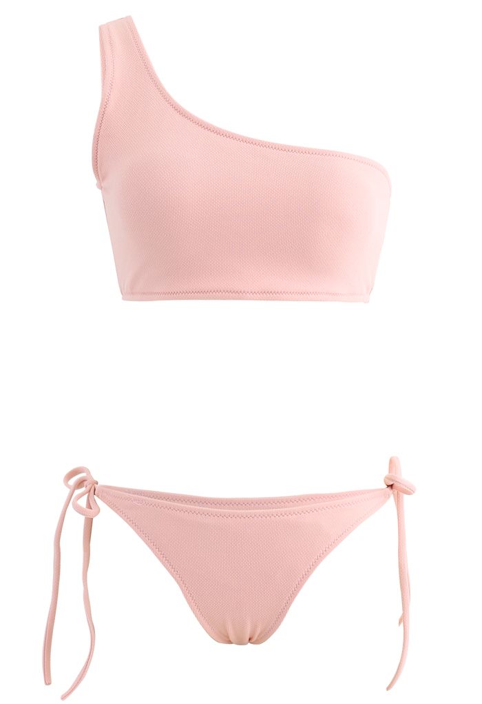 Ensemble de bikini taille basse à une épaule noué sur le côté en rose