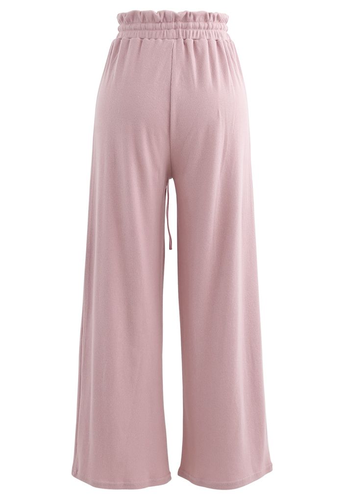 Pantalon de yoga côtelé à taille sac en papier avec cordon de serrage en rose