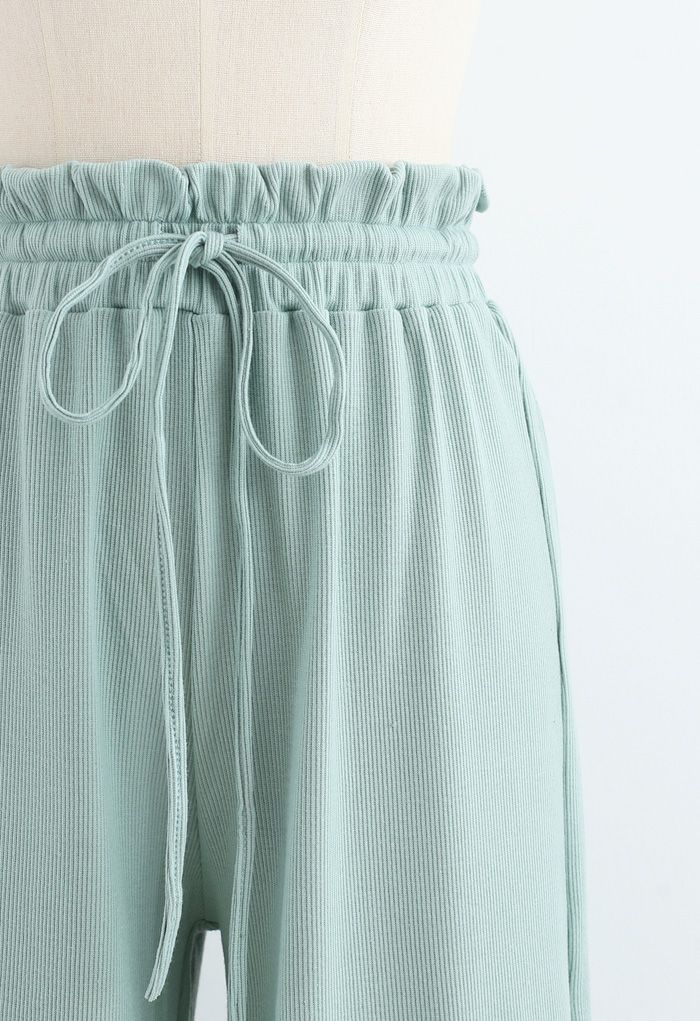 Pantalon de yoga côtelé à taille sac en papier avec cordon de serrage en menthe