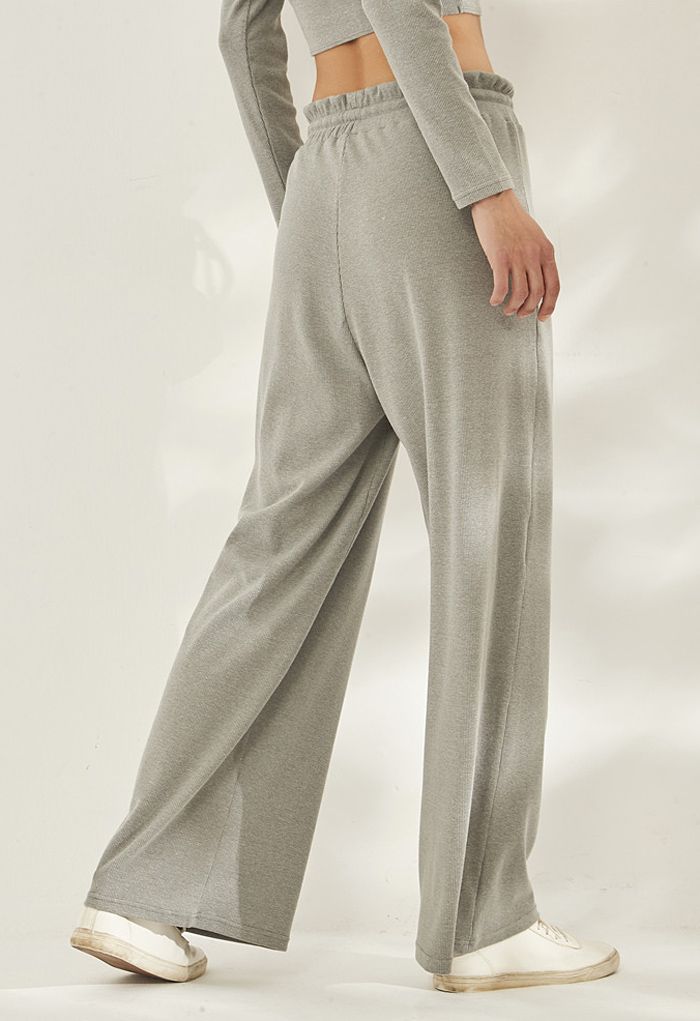 Pantalon de yoga côtelé à taille paper-bag avec cordon de serrage en gris