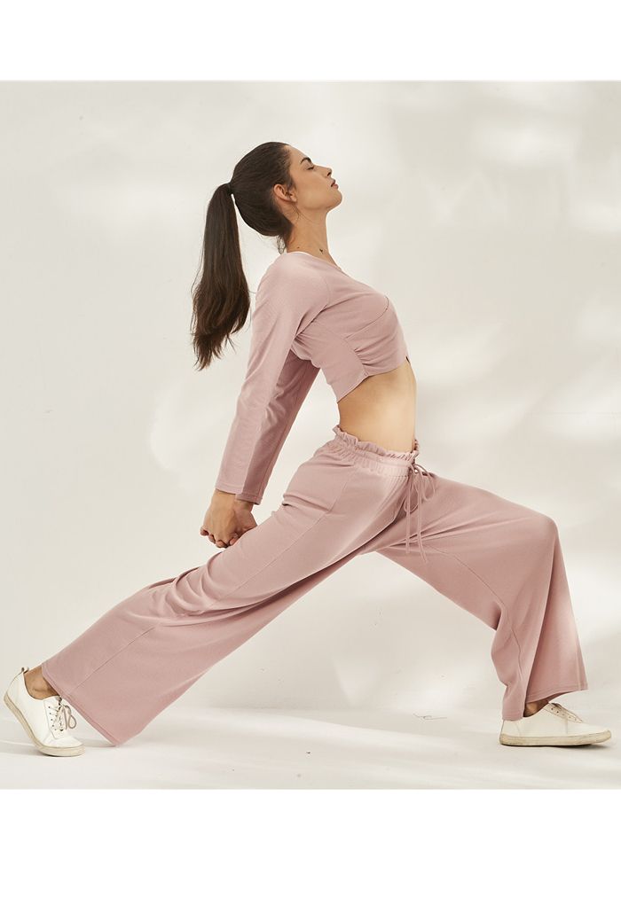 Pantalon de yoga côtelé à taille sac en papier avec cordon de serrage en rose