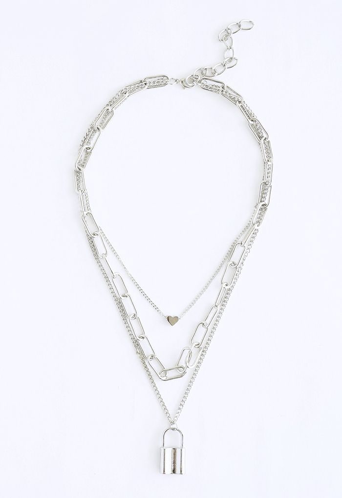 Collier Superposé Pendentif Chaine de Verrouillage en Argent