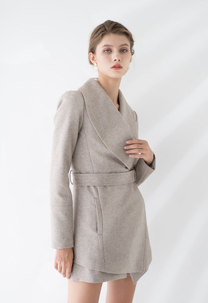 Manteau Rabato Enveloppe Ceinture en Laine Mélangée en Tan Clair