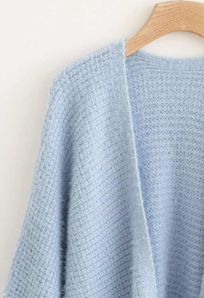 Cardigan Fuzzy en Tricot Gaufré Ouvert sur le Devant en Bleu