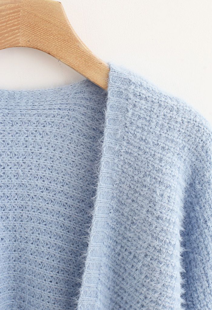 Cardigan Fuzzy en Tricot Gaufré Ouvert sur le Devant en Bleu