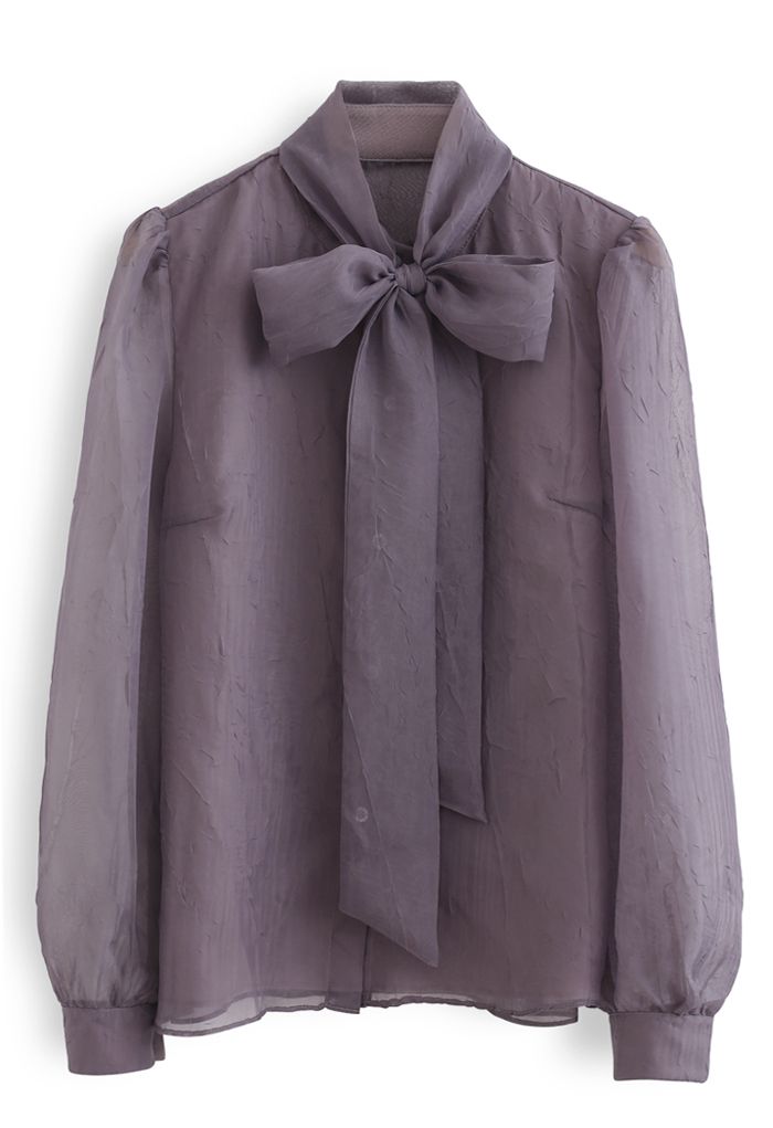 Chemise boutonnée transparente à nœud papillon en violet