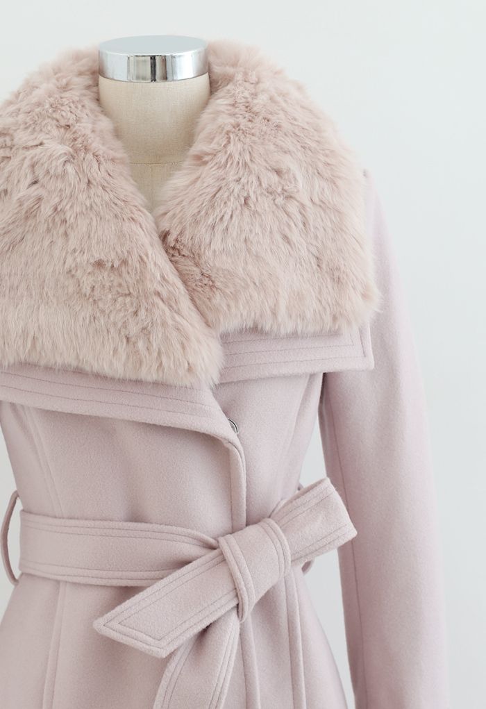 Manteau en Laine Mélangée à Revers Larges en Fausse Fourrure en Rose