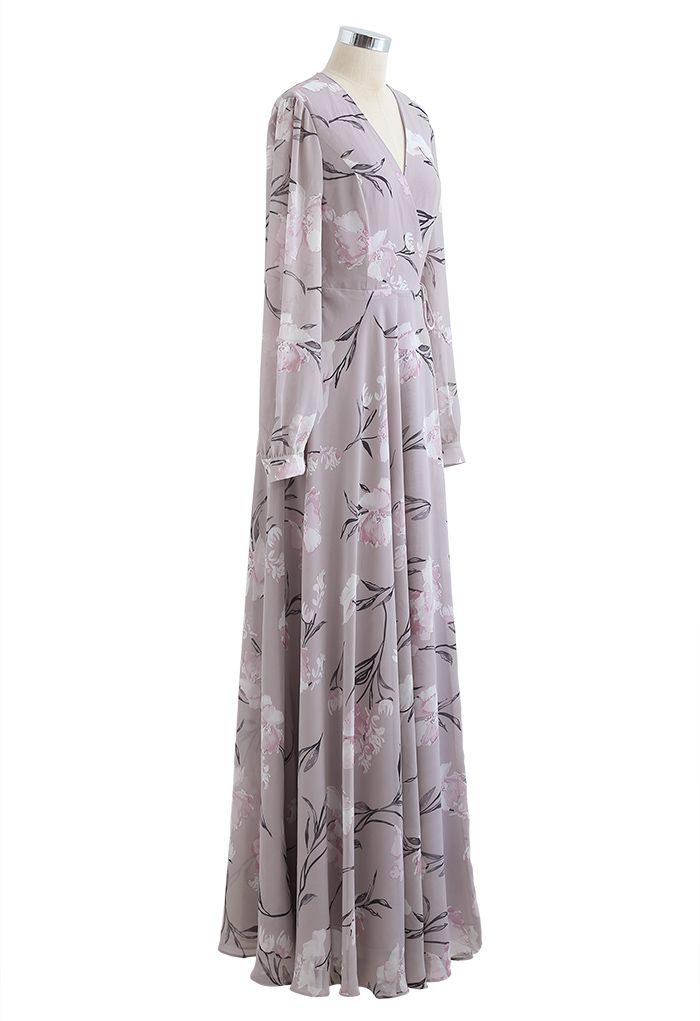 Superbe robe maxi portefeuille en mousseline de soie à imprimé floral lavande