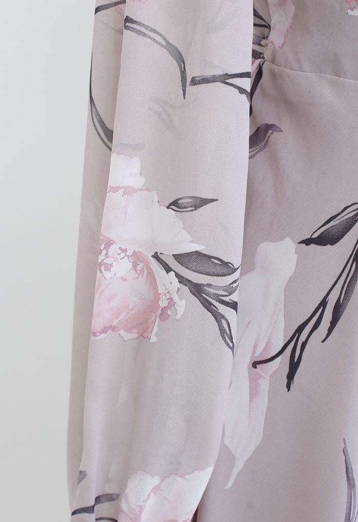 Superbe robe maxi portefeuille en mousseline de soie à imprimé floral lavande