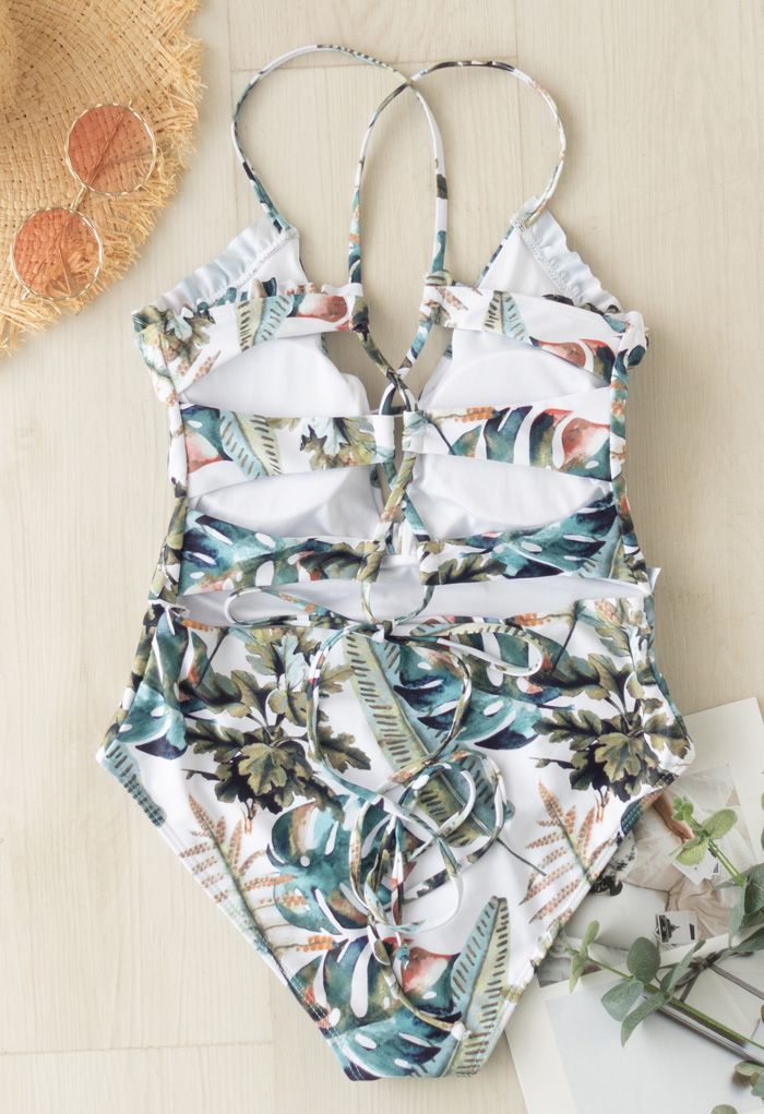 Maillot de bain à volants et palmiers tropicaux à lacets