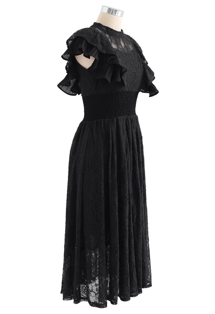 Robe mi-longue en dentelle sans manches à volants en noir