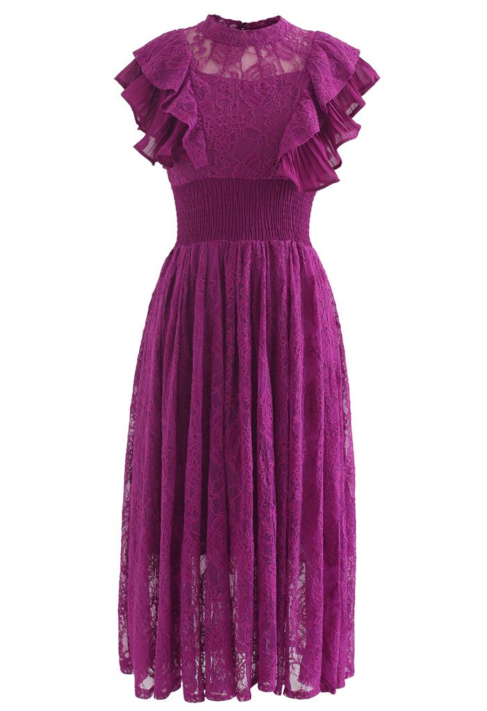 Robe mi-longue en dentelle à volants et sans manches en magenta