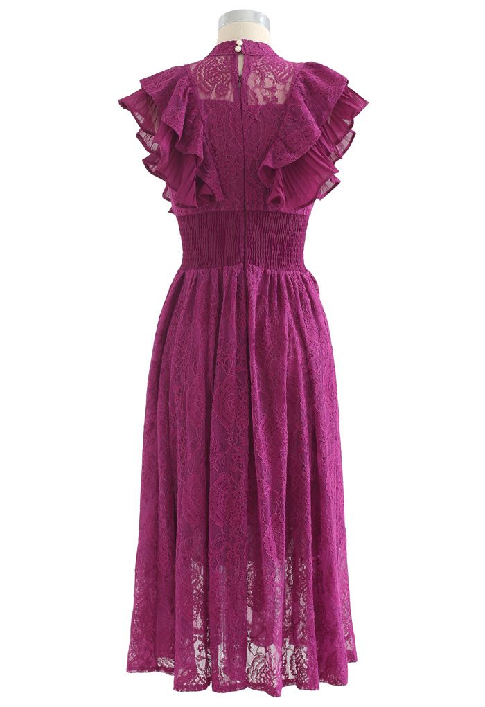 Robe mi-longue en dentelle à volants et sans manches en magenta