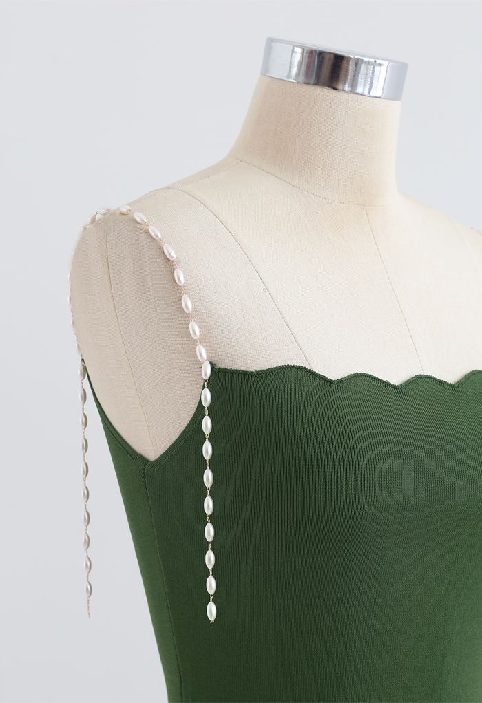 Robe nuisette moulante en tricot à bretelles et perles en vert