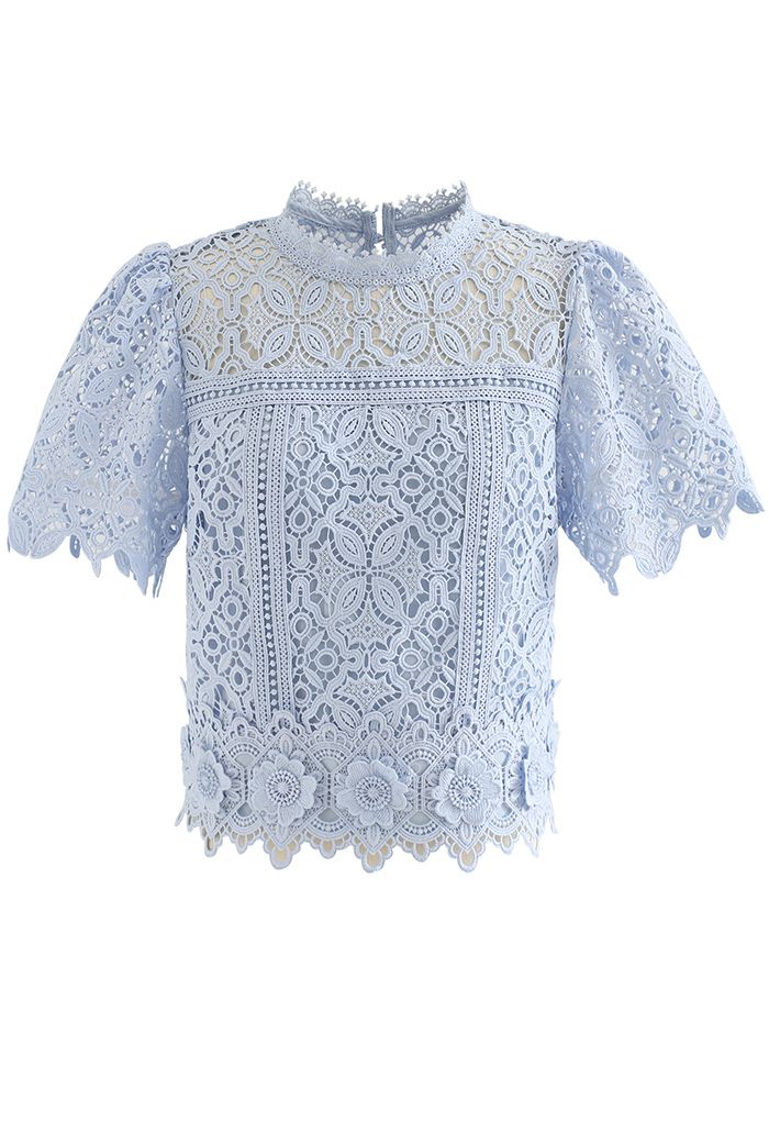 Crop Top Fleur 3D en Crochet en Bleu