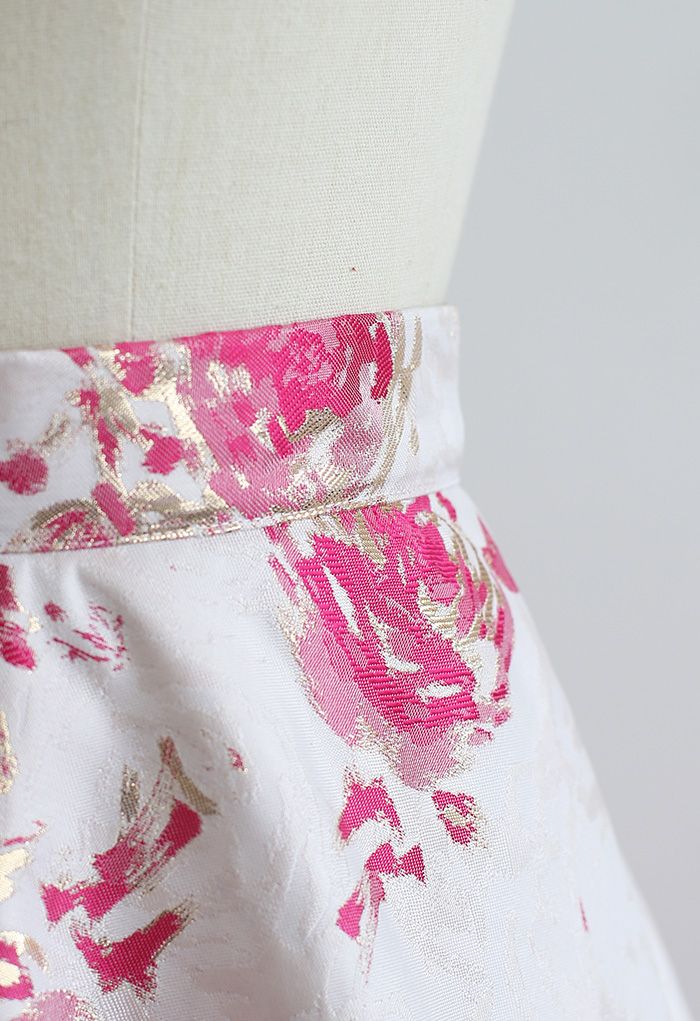 Jupe mi-longue en jacquard rose rougeâtre