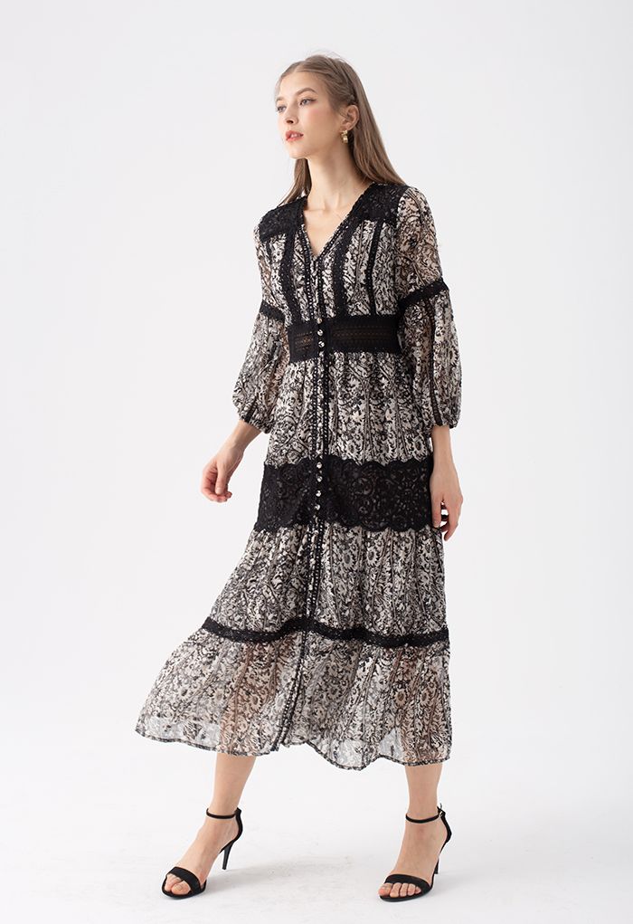 Robe longue transparente en jacquard Fleur noir à bordure en crocheter