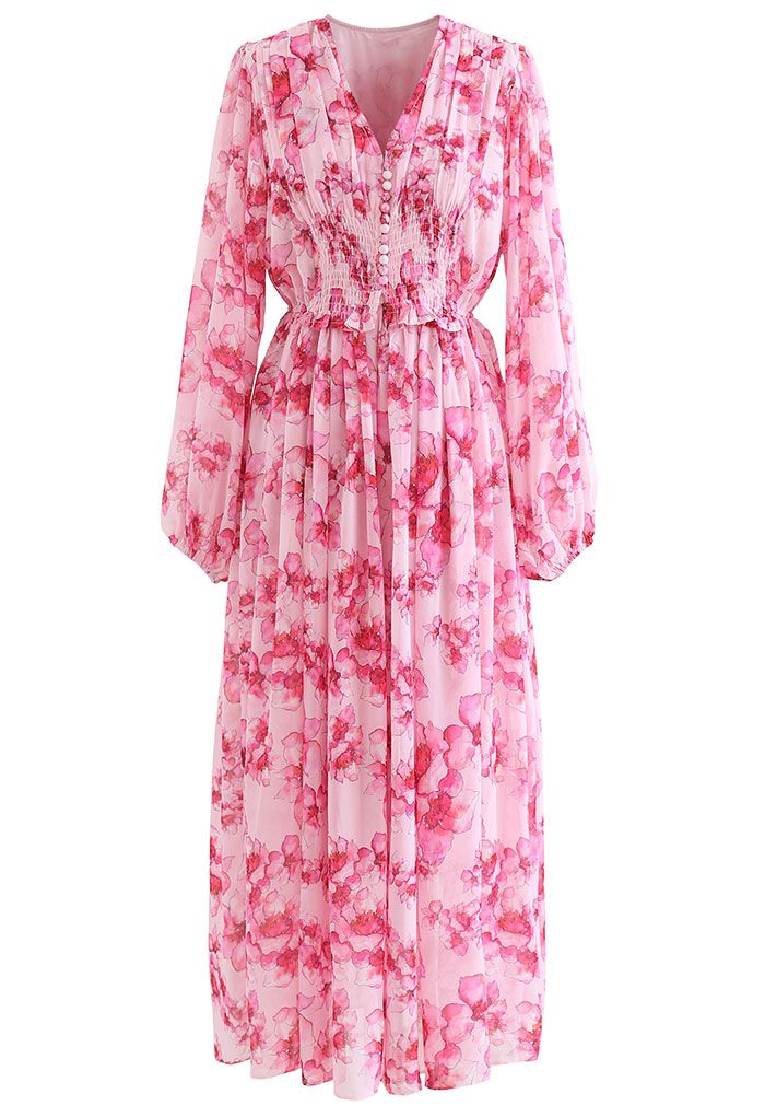 Robe maxi froncée à fleurs délicates en rose vif