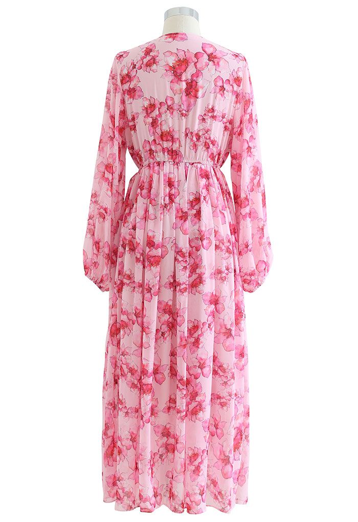 Robe maxi froncée à fleurs délicates en rose vif