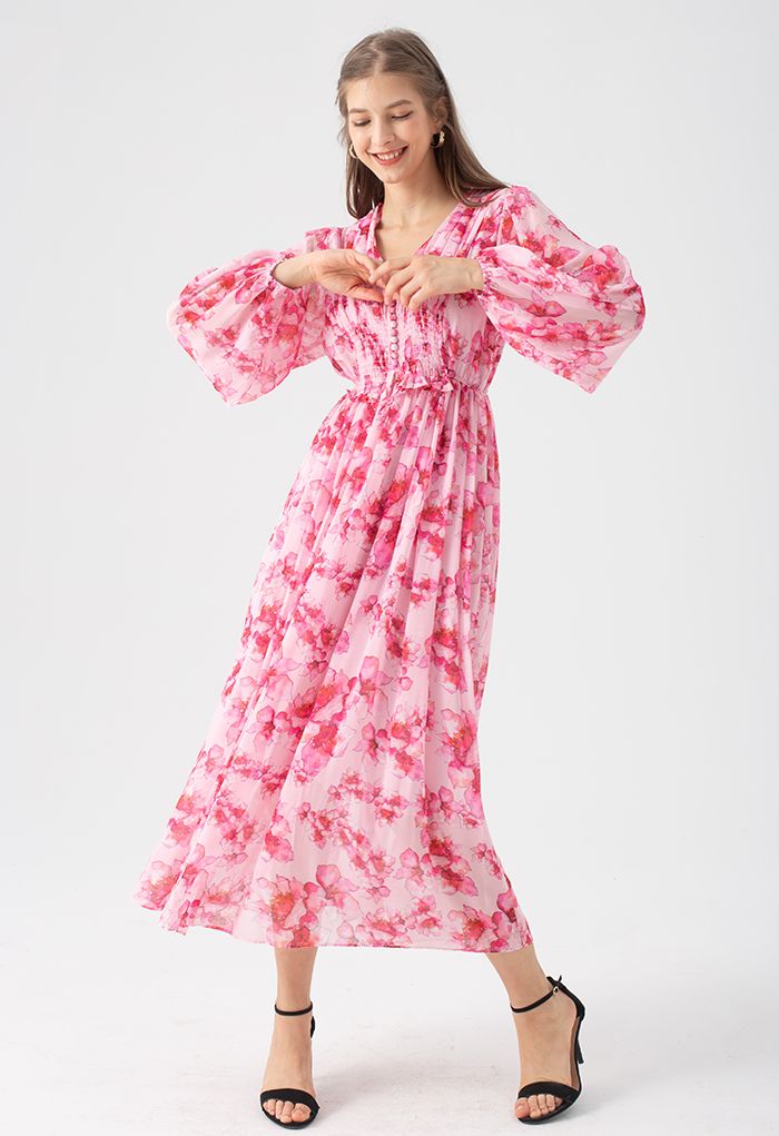 Robe maxi froncée à fleurs délicates en rose vif